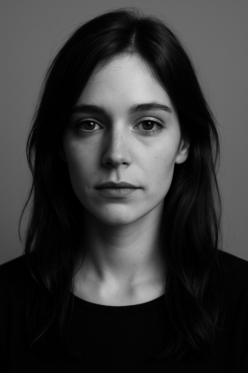 Penelope Brair — vocalist of Searching for Satellites, black and white press portrait