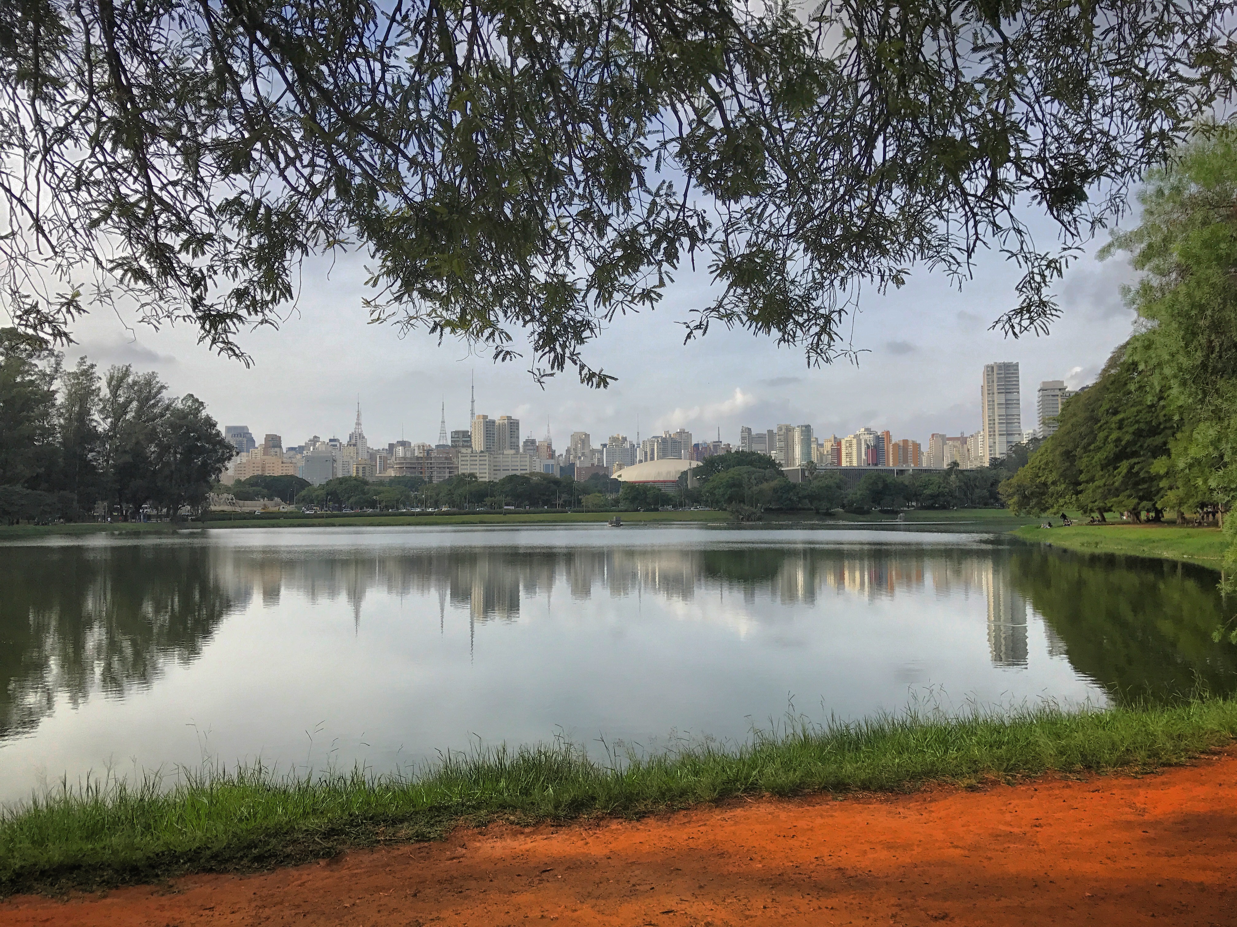 Ibirapuera park lake reflecting São Paulo skyline at dusk, red earth in foreground
