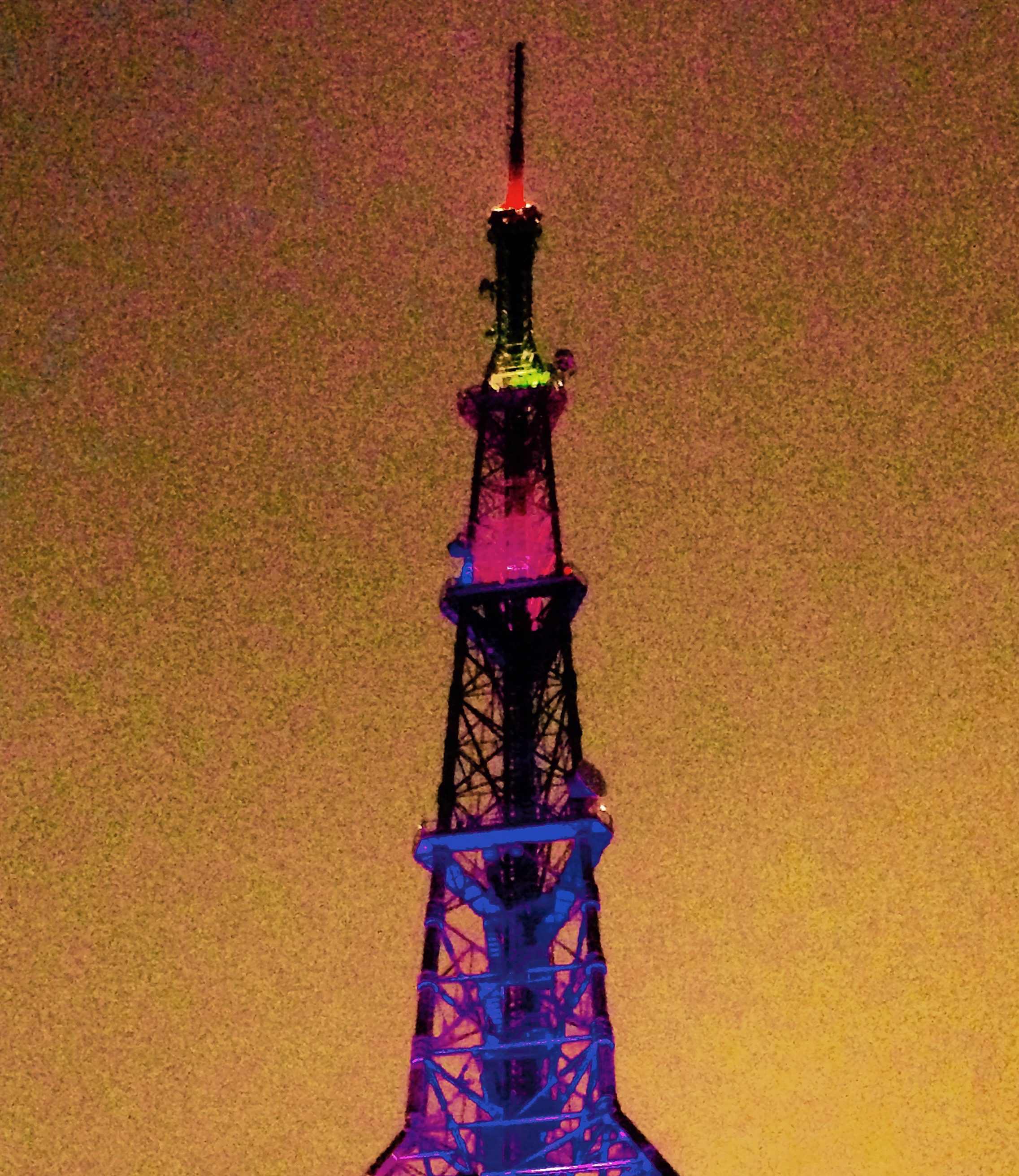 São Paulo TV tower at night, neon lights against amber sky, heavy grain